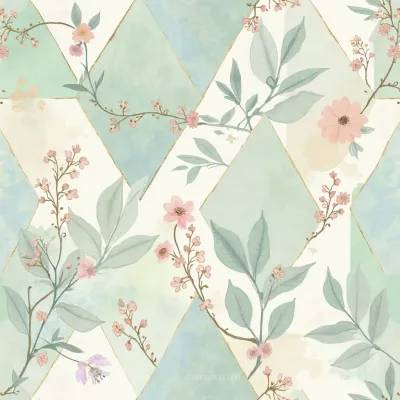 Geometric Pattern with Floral Accents – Leaves & Floral Motif in Soft Tones