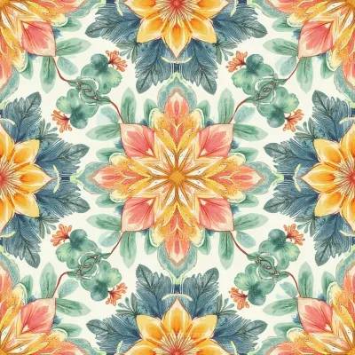 Geometrik Çiçek Deseni: Yapraklar ve Mandala Vurguları – Tekstil Tasarımı