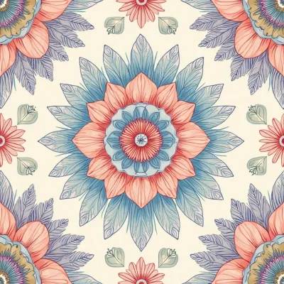 Mandala ve Çiçek Ağırlıklı Tekstil Deseni – Yaprak Motifi, Yumuşak Nötr Tonlar