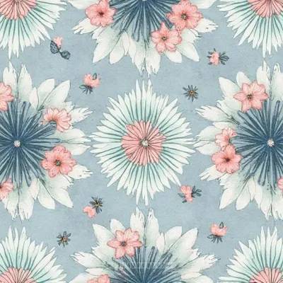 Mandalaya with Floral Accents Tekstil Deseni – Yaprak Motifi, Soğuk Pastel Tonlar