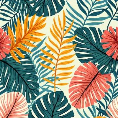 Patrón textil de hojas y formas geométricas – motivo natural en tonos amarillos suaves y blanco
