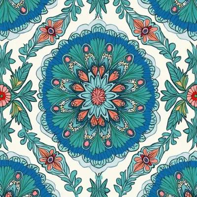 Çiçekli Aksesuarlı Mandala Desenli Kumaş Deseni – Huni Yapraklar ve Çiçek Motifi Yumuşak Renkler