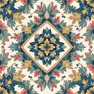 Geometrik Çiçekli Yaprak Deseni – Hafif Sarı Beyaz Vurgulu Tekstil