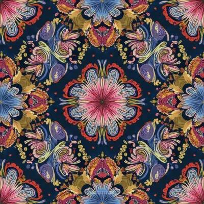 Abstract Luxury Textile Pattern: Leaves and Mandala Motif in Deep Blues
