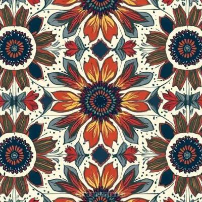 Mandala Çiçek Desenli Doku: Yapraklar ve Altıgen Motifleri Beyaz Üzerine Yumuşak Sarı-Krem