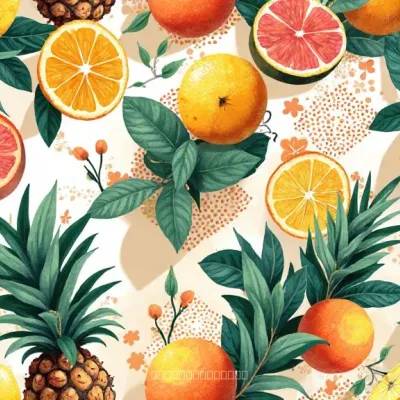 Geometrik Çiçekli Tekstil Deseni: Yapraklar, Narenciye ve Izgaralar