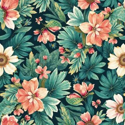 Geometrik Çiçek Deseni: Yapraklar ve Mandala Motifi Derin Turkuaz ve Siyah Renklerle