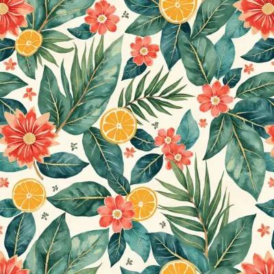 Geometric Floral Pattern: Leaves and Mandala Motif in Subtle Pastel Palette