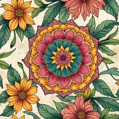 Mandala Style Textile Pattern with Floral Accents – Elegant Mandala Motif in Warm Tones
