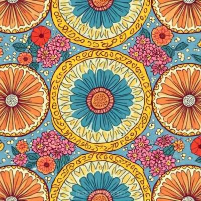 Mandala Textile Pattern with Floral Accents | Contemporary Mandala & Floral Motif in Teal Blues