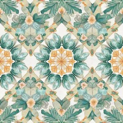 Geometric Pattern with Floral Accents: Leaves and Mandala Textile Design
