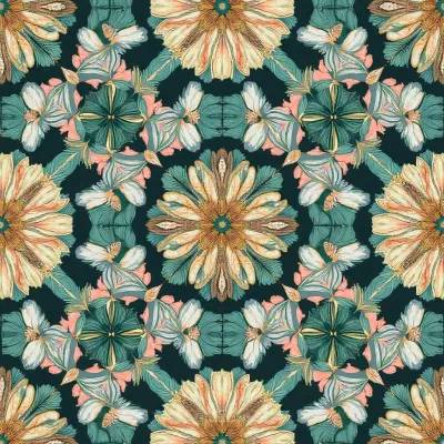 Geometric Floral Textile Pattern with Leaves, Mandala, Snowflake & Hexagon Motifs