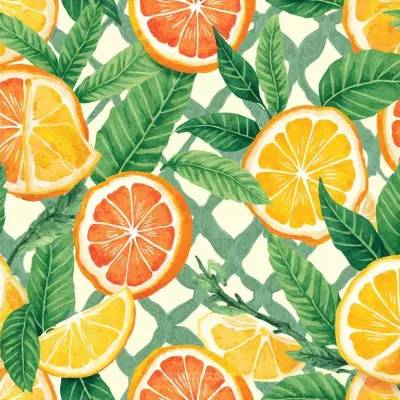 Leaves and Geometric Lattice Textile Pattern – Citrus-Inspired Leaves & Geometry