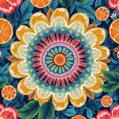 Abstract Luxury Textile Pattern: Mandala with Floral Accents – Deep Indigo & Night Sky