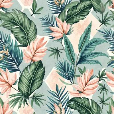Tropical Leaves with Hex Geometry Pattern | Leaves and Geometric Textile Design