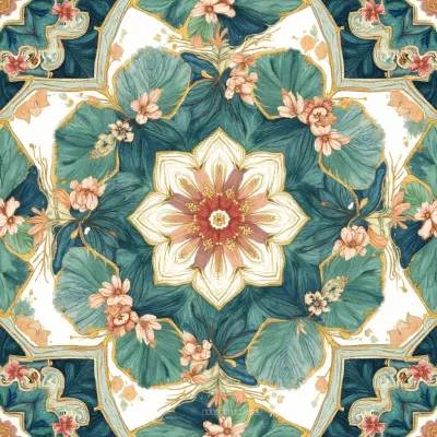 Geometric Floral Pattern with Leaves and Mandala Motif - Subtle Gray Palette