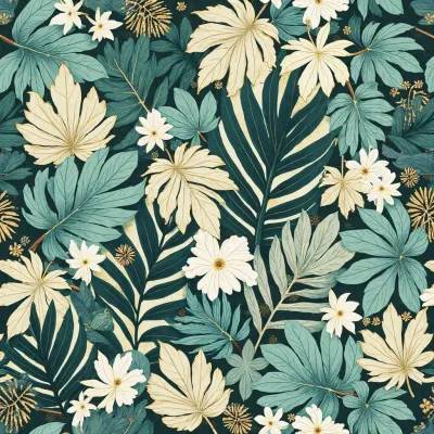 Textile Pattern: Leaves and Geometric Shapes – Rich Greens in Deep Teal