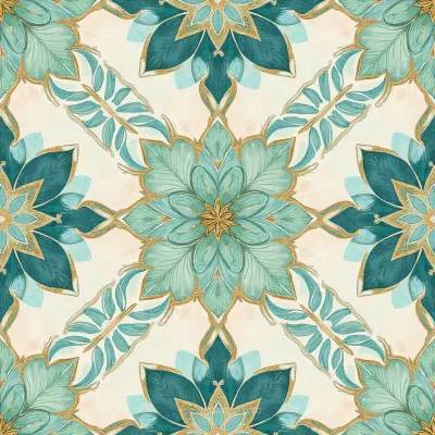 Geometric Floral Fusion Fabric: Leaves & Mandala-Inspired Pattern in Soft Neutrals