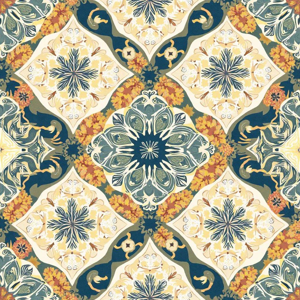 Snowflake Hexagon Textile Pattern – Citrus Accents in Soft Neutral Tones