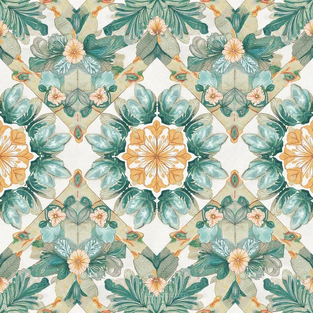 Geometric Pattern with Floral Accents: Leaves and Mandala Textile Design
