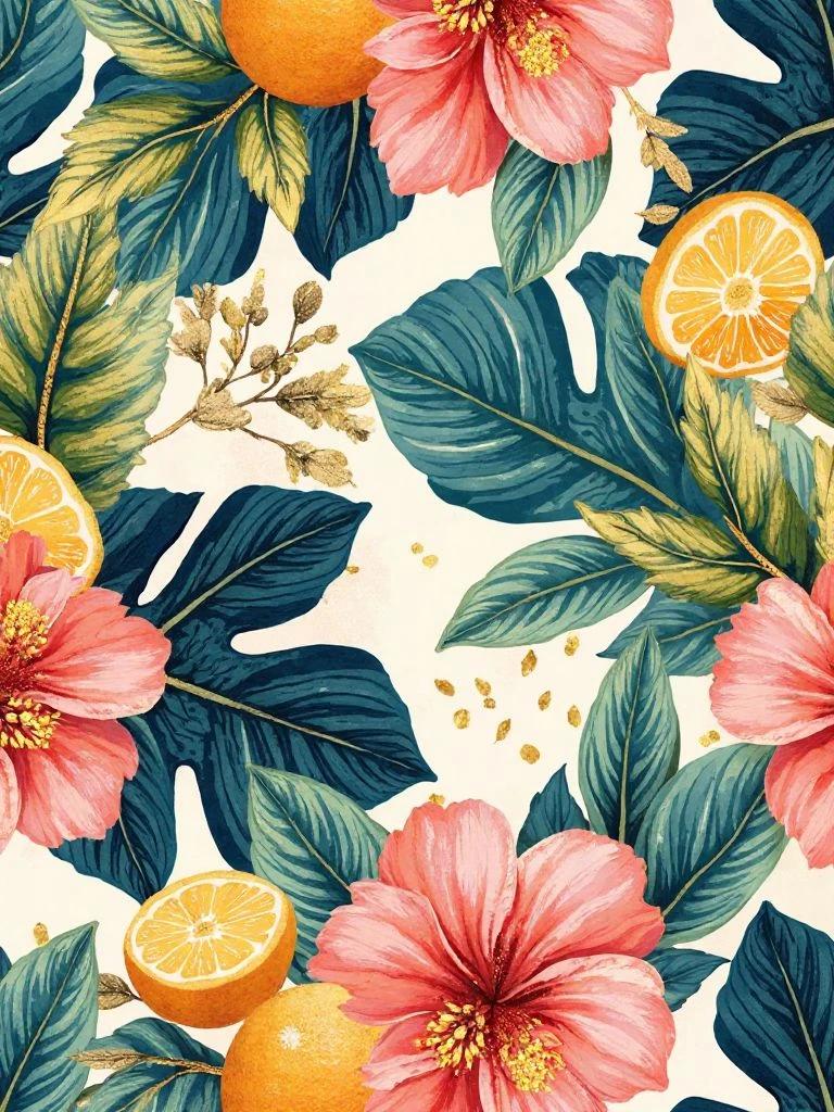 Abstract Luxury Textile Pattern – Leaves and Geometric Shapes in Soft Creams