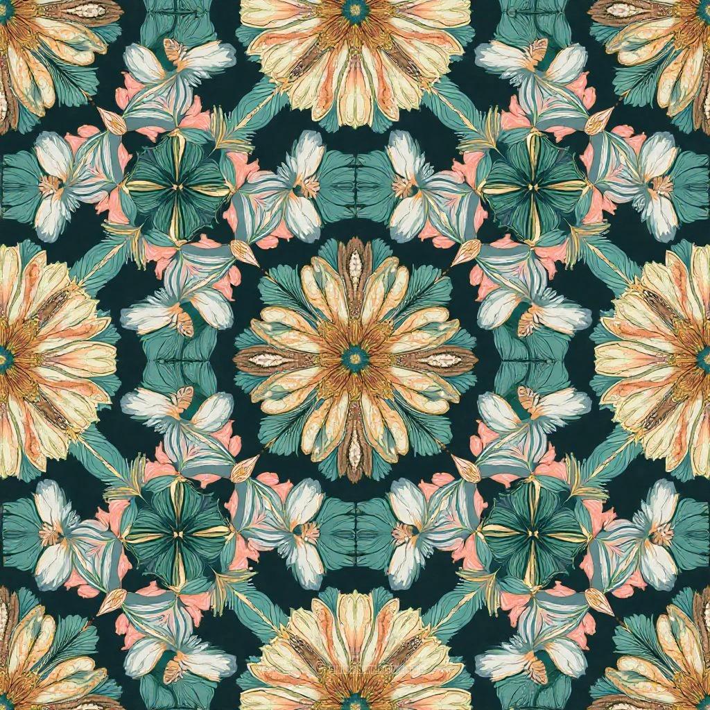 Geometric Floral Textile Pattern with Leaves, Mandala, Snowflake & Hexagon Motifs