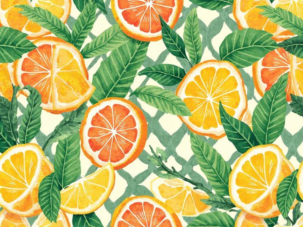Leaves and Geometric Lattice Textile Pattern – Citrus-Inspired Leaves & Geometry