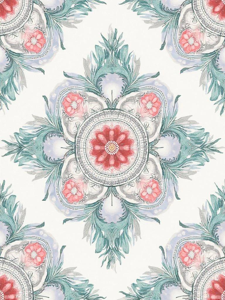 Mandala Textile Pattern with Floral Accents — Snowflake, Hexagon & Leaves