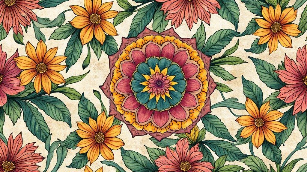 Mandala Style Textile Pattern with Floral Accents – Elegant Mandala Motif in Warm Tones