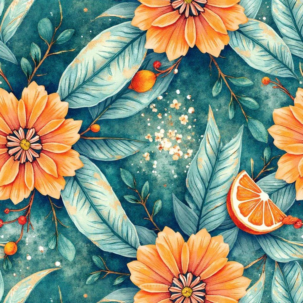 Geometric Pattern with Floral Accents: Leaves and Mandala Motif in Navy-Teal Palette