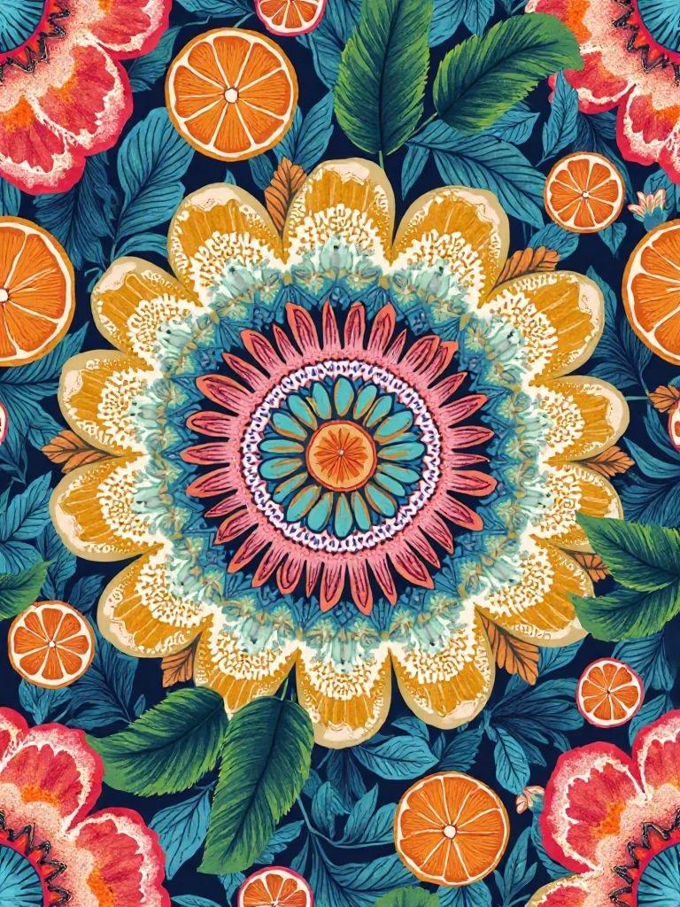 Abstract Luxury Textile Pattern: Mandala with Floral Accents – Deep Indigo & Night Sky